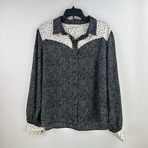 Topshop Shirt Womens 12 Black White Paisley‎ Button Up Long Sleeve Western Boho